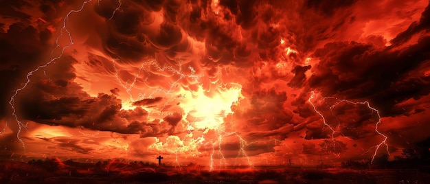 La scène dépeint une scène religieuse dramatique avec un royaume de l'enfer éclairs brillants dans un ciel apocalyptique rouge foncé jour du jugement la fin du monde damnation éternelle et sombre silhouettes effrayantes