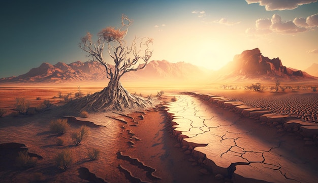 Une scène de désert avec un arbre et des montagnes en arrière-plan généré ai