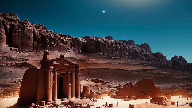 Une scène de désert avec un bâtiment et la lune en arrière-plan.