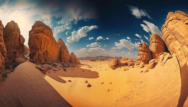 Une scène de désert avec un ciel bleu et des nuages