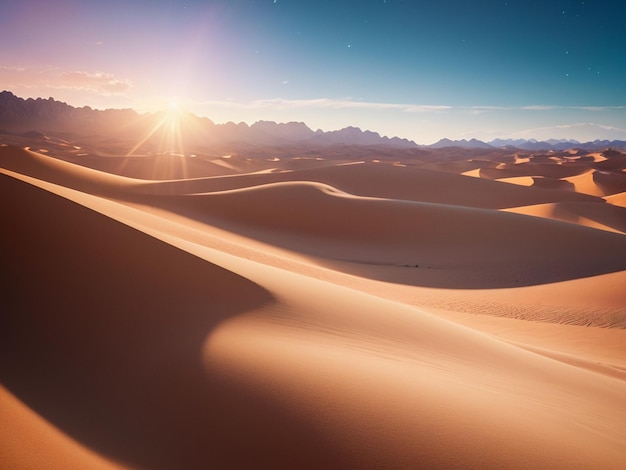 Une scène de désert avec un coucher de soleil en arrière-plan