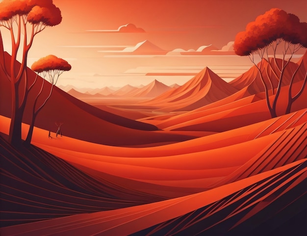 Une scène de désert avec une dune de sable rouge et des arbres.