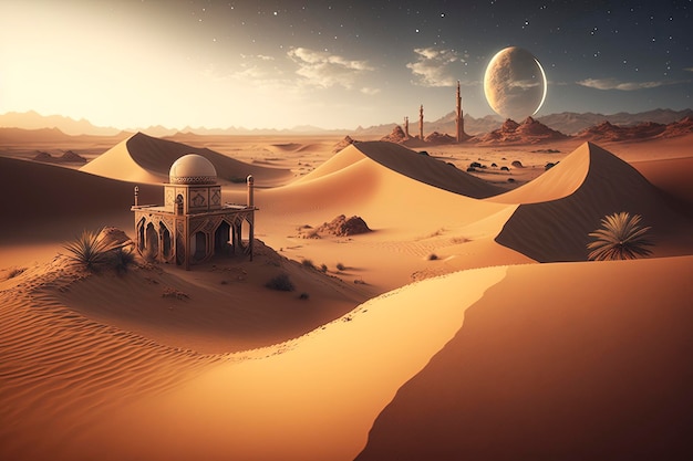 Une scène de désert avec une planète en arrière-plan