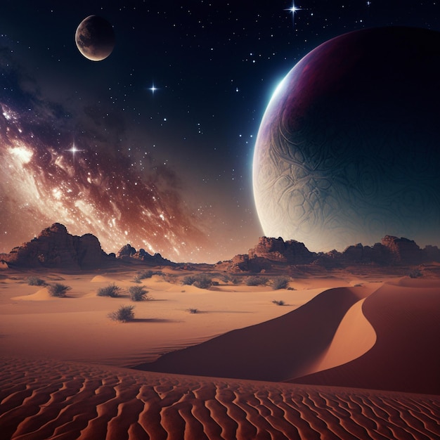 Une scène de désert avec une planète et une planète en arrière-plan