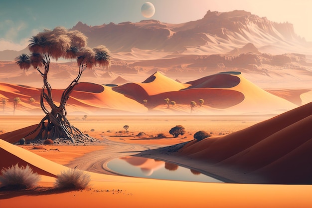 Une scène désertique avec un arbre au milieu et des montagnes en arrière-plan.