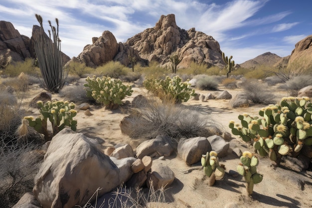 Scène désertique avec des cactus et des formations rocheuses en arrière-plan créées avec une IA générative