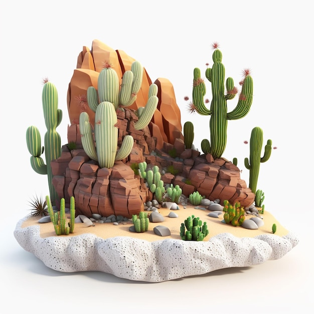 Une scène désertique avec des cactus et des rochers.