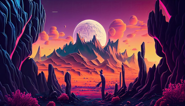 Une scène désertique futuriste avec des montagnes et une lune