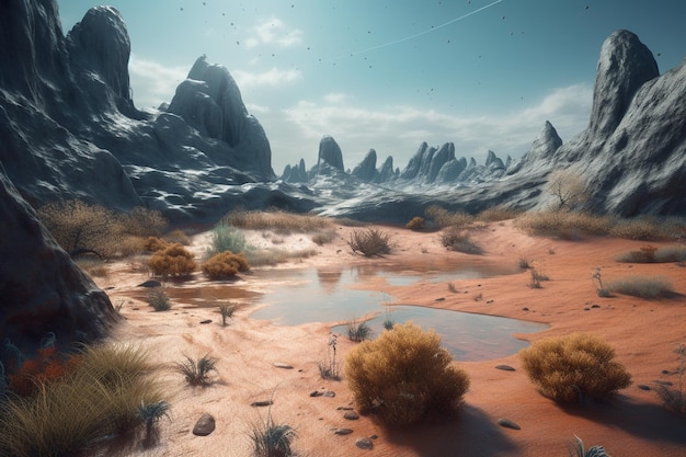 Une scène désertique avec une scène désertique et quelques rochers et quelques nuages.