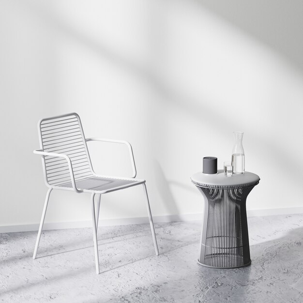 Scène de design d'intérieur moderne avec chaise et table blanches dans une pièce lumineuse avec mur blanc et sol en béton, rendu 3d