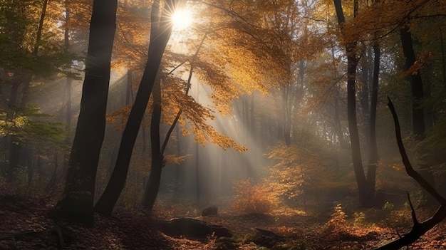 Scène désorientante d'une forêt de temps de collecte avec des rayons de soleil entrant à travers les branches générées par l'IA