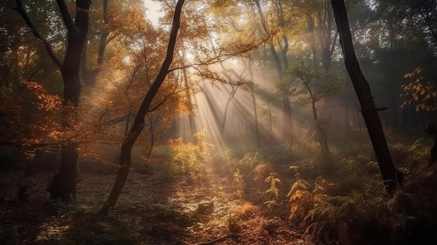 Scène désorientante d'une forêt de temps de collecte avec des rayons de soleil entrant à travers les branches générées par l'IA