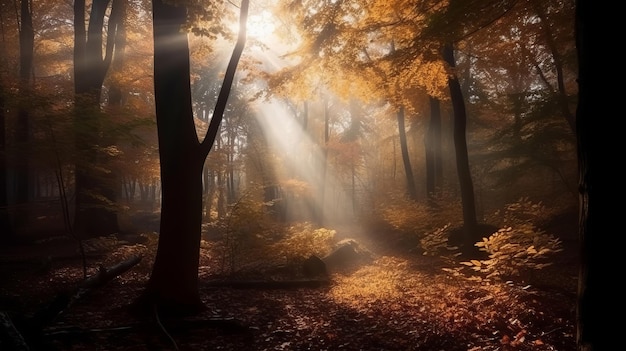 Scène désorientante d'une forêt de temps de collecte avec des rayons de soleil entrant à travers les branches générées par l'IA