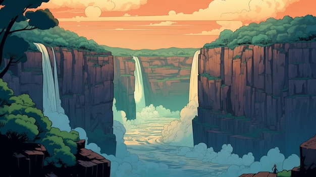 Une scène de dessin animé d'une chute d'eau avec un fond de ciel