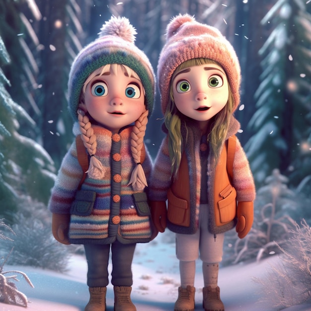 Une scène de dessin animé de deux filles dans une scène enneigée