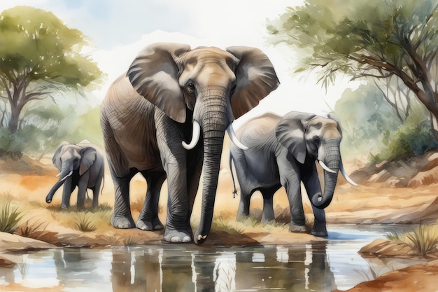 scène de dessin animé avec un éléphant hippopotame nageant dans une rivière près du pré avec une illustration d'éléphant