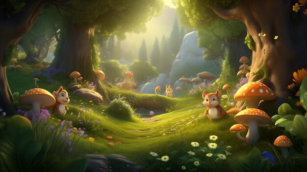 Photo scène de dessin animé d'une forêt avec des champignons et une souris générative ai