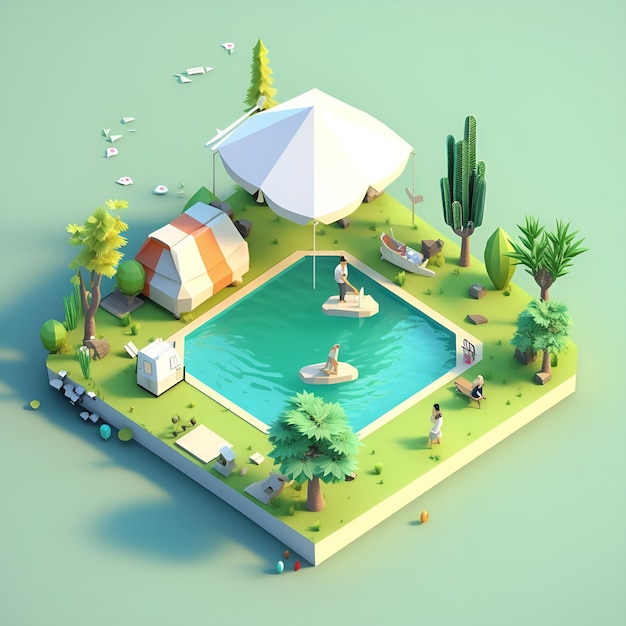 Une scène de dessin animé d'une piscine avec une tente