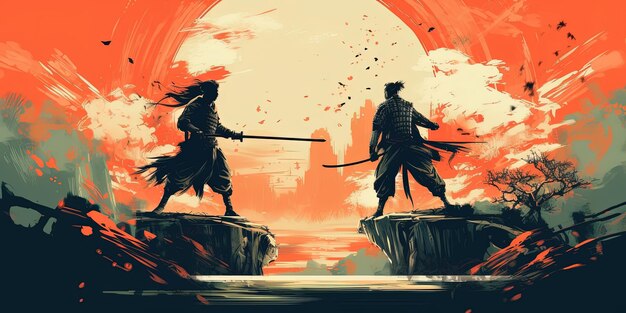 Scène de deux samouraïs en duel sur la falaise peinture d'illustration de style art numérique