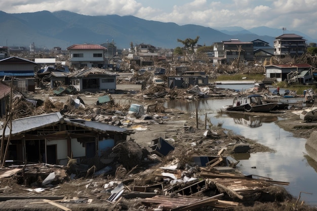 Scène de dévastation après le tsunami avec des maisons et des entreprises détruites et des personnes portées disparues créées avec une IA générative