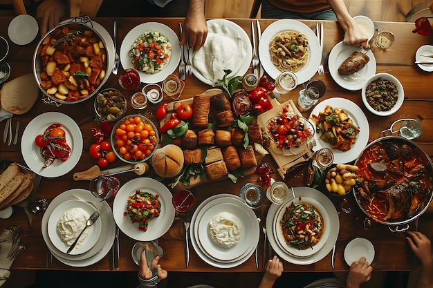 Scène d'un dîner avec de nombreuses assiettes