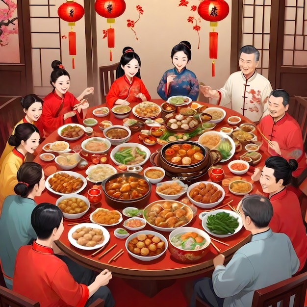 Scène de dîner de réunion avec une table pleine de délicieux plats du Nouvel An chinois image AI Générer une image