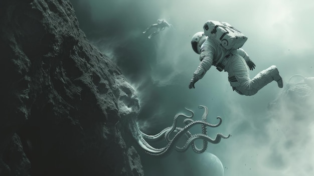 Une scène dramatique d'un astronaute tombant du bord d'une falaise avec l'immensité de l'espace en arrière-plan En dessous de lui, une bête à tentacules géante émerge de l'abîme attendant son générateur d'IA