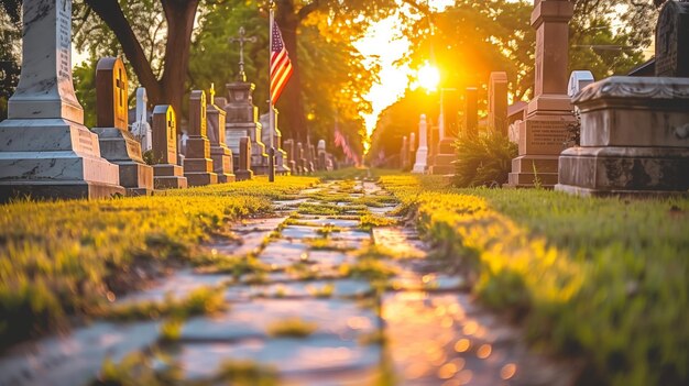 Scène du cimetière du Memorial Day avec des drapeaux américains au coucher du soleil