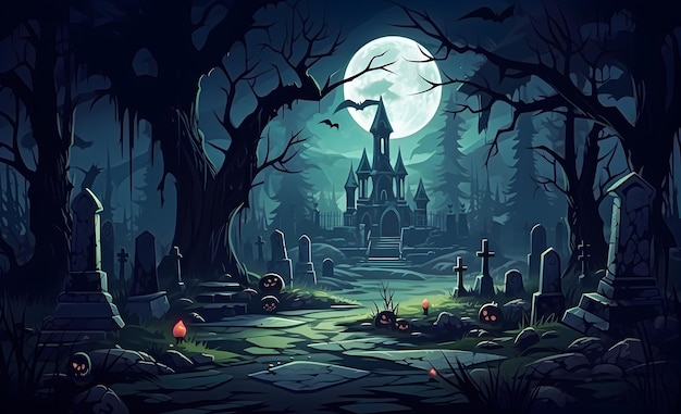 Scène du cimetière d'Halloween Cauchemar hanté Toile de fond de Halloween Horreur de château de dessins animés IA générative