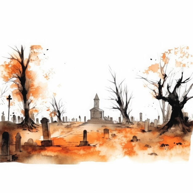 Scène du cimetière halloween orange sur fond blanc