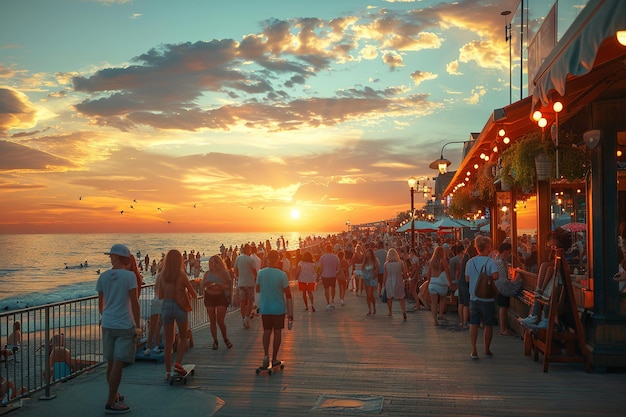 Scène du coucher de soleil sur la plage de Boardwalk