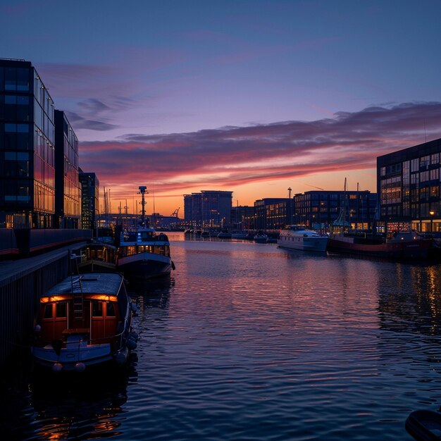 Scène du crépuscule moderne dans le port vibrant de Copenhague