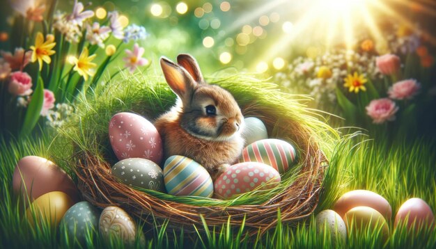 Scène du matin de Pâques avec un jeune lapin au milieu d'œufs colorés dans un nid herbeux sous un lever de soleil magique