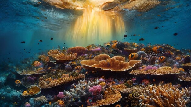 Photo scène du monde sous-marin récif de corail et rayon de soleil brillant à travers l'eau de l'océan propre créé avec des genres