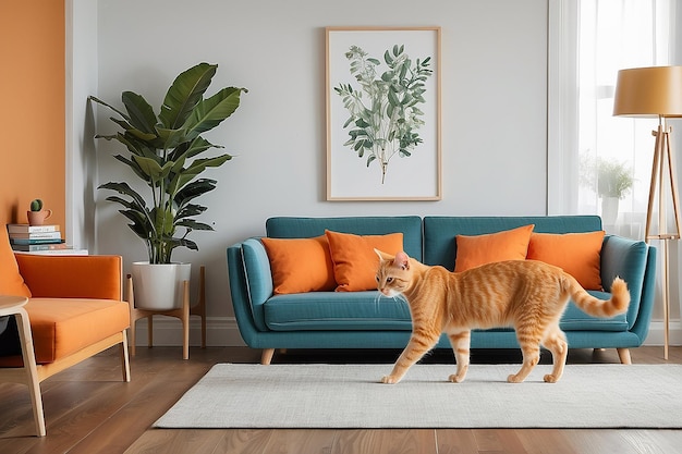 Scène du salon avec un chat orange qui marche près du canapé