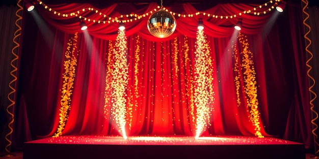 La scène du théâtre, les rideaux de velours rouge, les projecteurs, l'éclairage spectaculaire, les lumières dorées, les cordes brillantes.
