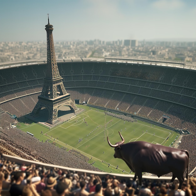 Une scène dynamique dans un stade de football au crépuscule fumée et foule