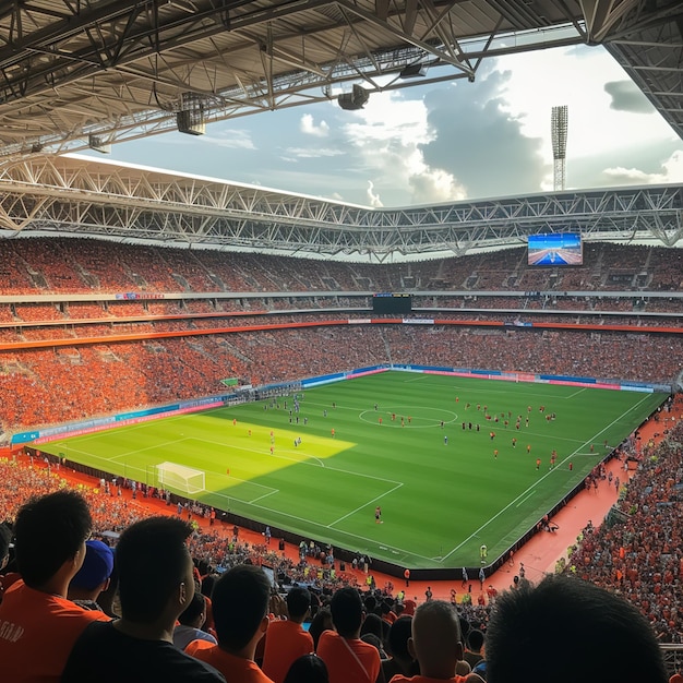 Une scène dynamique dans un stade de football au crépuscule fumée et foule