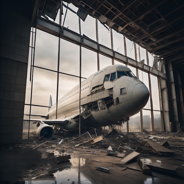 Scène dystopique d'accident d'avion avec un paysage détruit et une atmosphère apocalyptique.