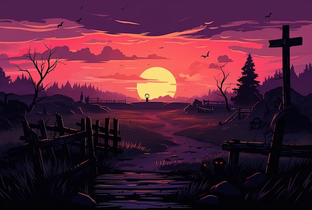 une scène effrayante avec un cimetière sombre une plate-forme en bois contre un lever de soleil rose