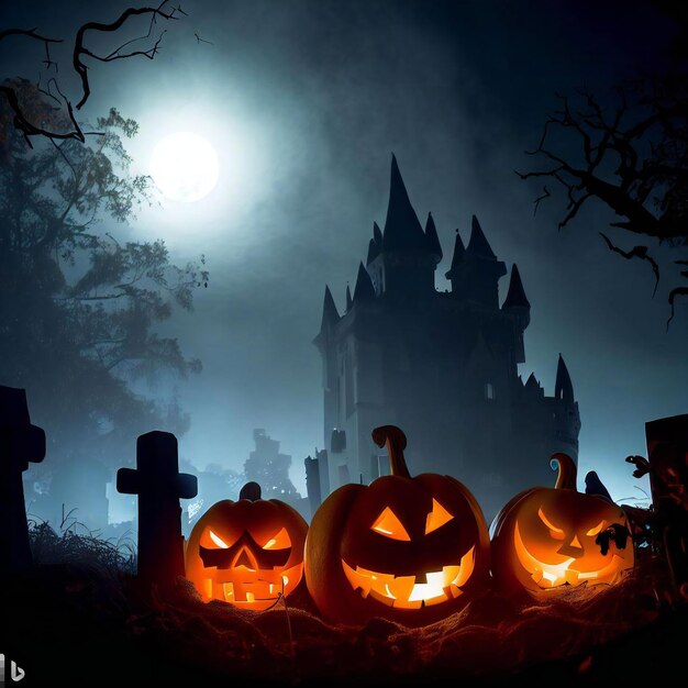 Une scène effrayante d'Halloween avec un château hanté, des lanternes et un cimetière.