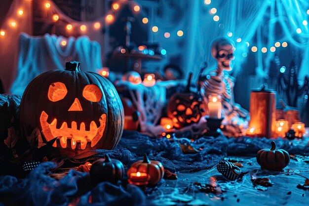 Scène effrayante d'Halloween avec des décorations et des costumes hantés