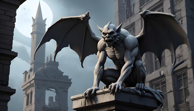 une scène effrayante avec une statue de gargoyle perchée sur un bâtiment délabré