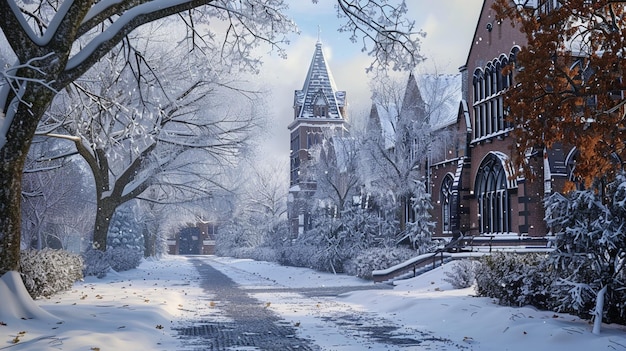 Scène de l'église d'hiver sur le campus universitaire de Snowy Street Serenity
