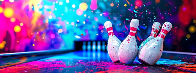 Une scène électrisante dans un bowling avec des quilles éclaboussées de peinture vibrante sous un décor éblouissant.