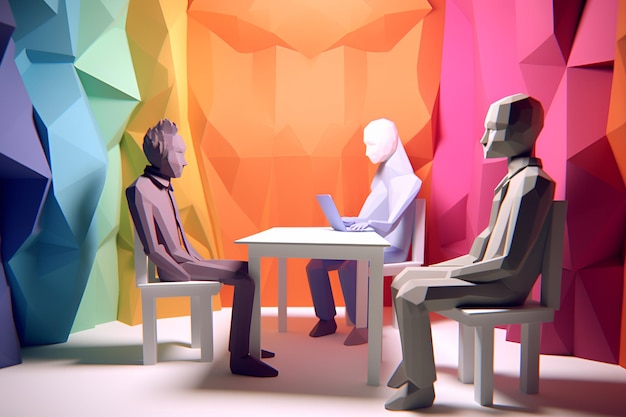 Scène d'embauche inclusive en milieu de travail Entretien d'embauche multiculturel dans le style LowPoly