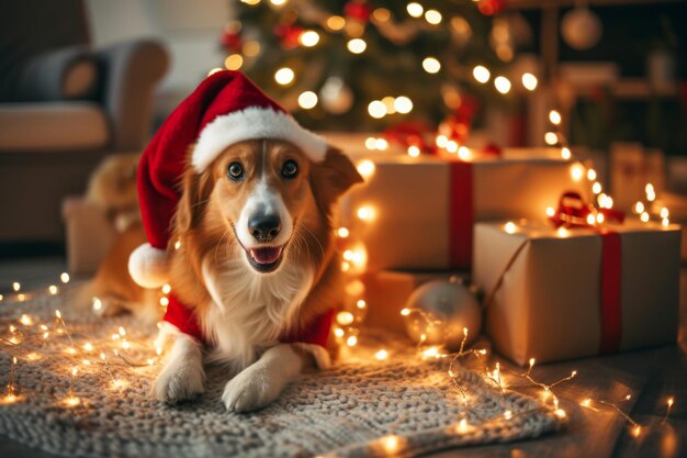 Une scène émouvante d'un animal de compagnie vêtu d'une tenue de fête entouré de lumières scintillantes et de cadeaux