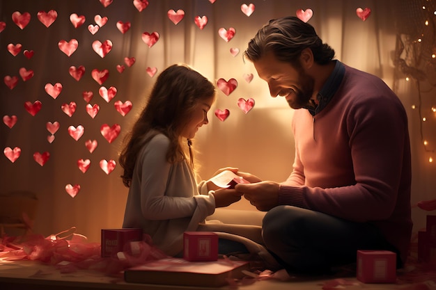 une scène émouvante d'un parent enseignant à un enfant à créer des cartes de la Saint-Valentin faites à la main