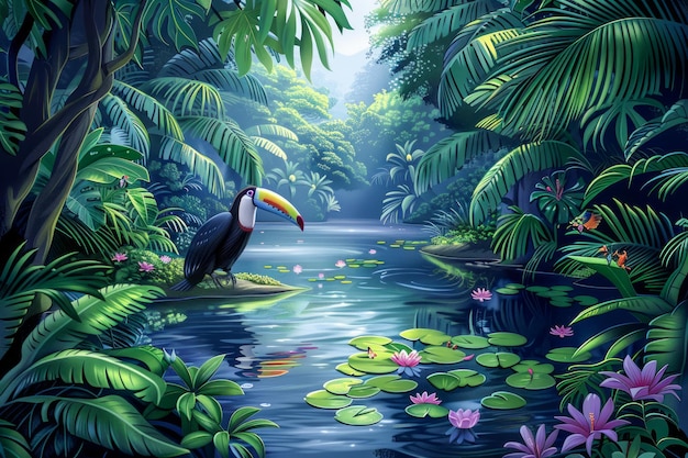 Scène enchantée de la forêt tropicale tropicale avec le majestueux Toucan perché par la rivière Serene et le luxuriant