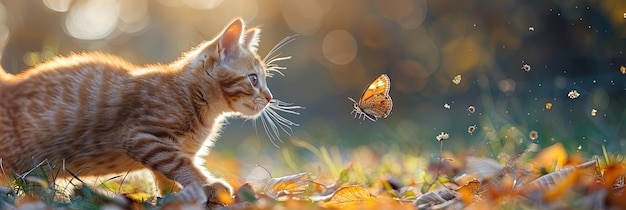 Scène enchanteuse d'un chat ludique poursuivant un papillon délicat capturant la beauté de la nature i